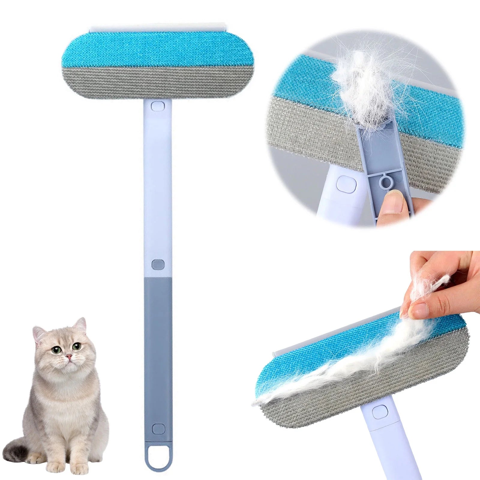 4-In-1 Pet Hair Remover with 17" Extra Long Handle, Cat & Dog Hair Removal Tool for Furniture, Carpet, Clothes, Bedding, Car Seats, Tile & Hardwood Floors - Reusable & Washable